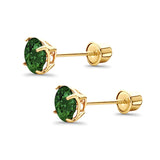 14K Yellow Gold 5mm Round Solitaire Basket Set Simulated Green Emerald CZ Stud Earrings with Screw Back, Best Birthday Gift for Her