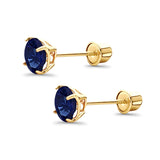 14K Yellow Gold 5mm Round Solitaire Basket Set Simulated Blue Sapphire CZ Stud Earrings with Screw Back, Best Birthday Gift for Her