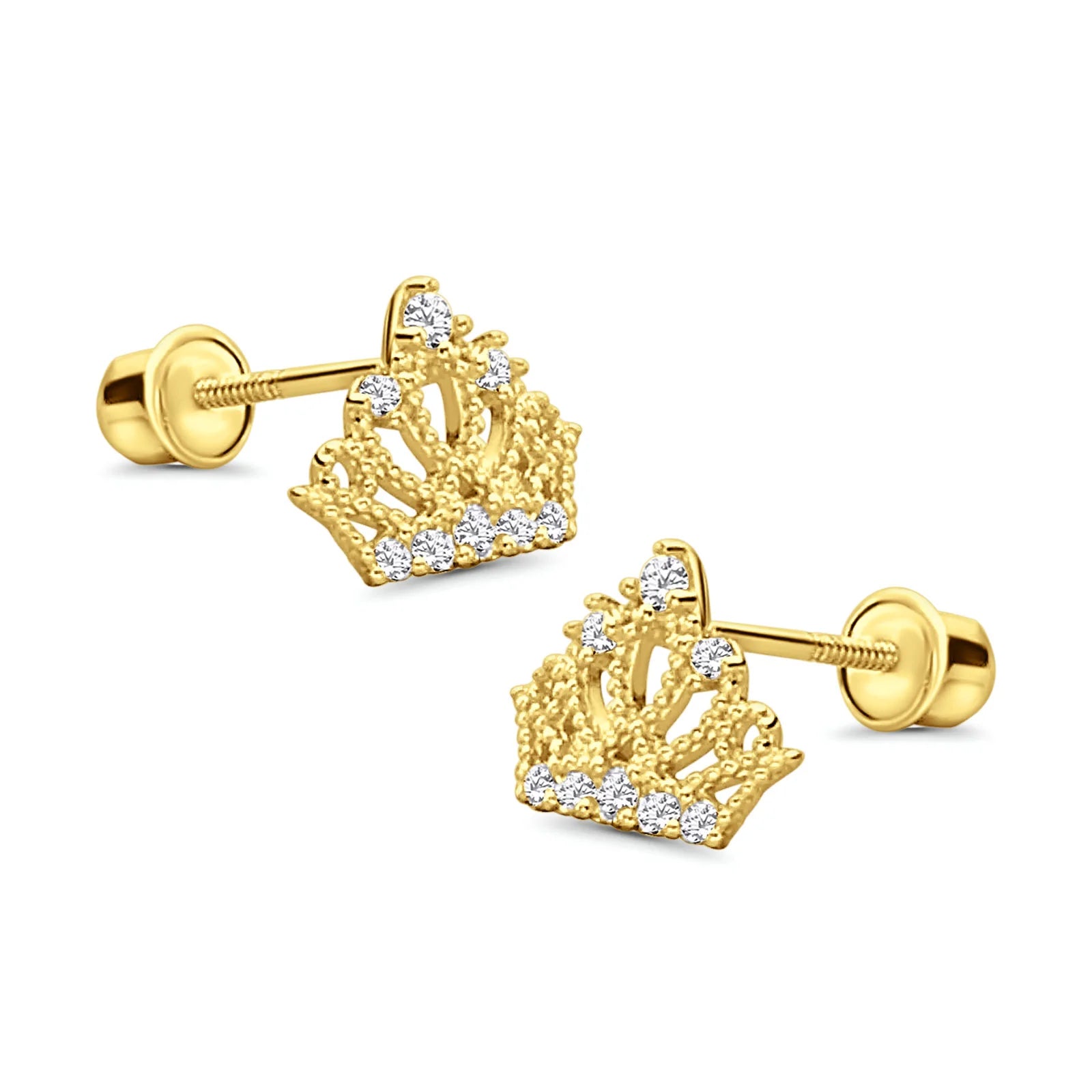 14K Yellow Gold Crown Stud Earrings Simulated Cubic Zirconia with Scre