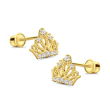 14K Yellow Gold Crown Stud Earrings Simulated Cubic Zirconia with Screw Back