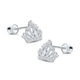 14K White Gold Crown Stud Earrings Simulated Cubic Zirconia with Screw Back
