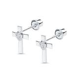 14K White Gold Cross Heart Stud Earrings with Screw Back