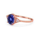 14K Rose Gold 1.26ct Oval Art Deco 8mmx6mm G SI Lab Blue Sapphire Diamond Engagement Wedding Ring Size 6.5