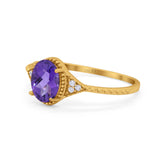 14K Yellow Gold 1.26ct Oval Art Deco 8mmx6mm G SI Natural Amethyst Diamond Engagement Wedding Ring Size 6.5