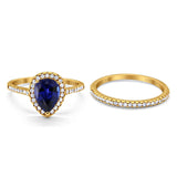 14K Yellow Gold 1.62ct Pear 8mmx6mm G SI Nano Blue Sapphire Diamond Bridal Engagement Wedding Ring Size 6.5
