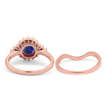 14K Rose Gold 1.59ct Round Two Piece Halo 7mm G SI Nano Blue Sapphire Diamond Engagement Wedding Ring Size 6.5