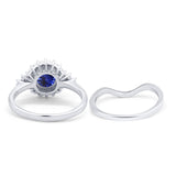 14K White Gold 1.59ct Round Two Piece Halo 7mm G SI Nano Blue Sapphire Diamond Engagement Wedding Ring Size 6.5