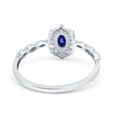 14K White Gold 0.5ct Oval Vintage Floral 6mmx4mm G SI Nano Blue Sapphire Diamond Engagement Wedding Ring Size 6.5