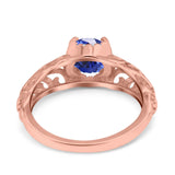 14K Rose Gold 1.11ct Round Art Deco Filigree 6.5mm G SI Nano Blue Sapphire Diamond Engagement Wedding Ring Size 6.5