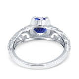 14K White Gold 1.11ct Round Art Deco Filigree 6.5mm G SI Nano Blue Sapphire Diamond Engagement Wedding Ring Size 6.5