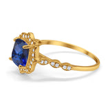 14K Yellow Gold 2.31ct Cushion 8mm Halo G SI Nano Blue Sapphire Diamond Engagement Wedding Ring Size 6.5