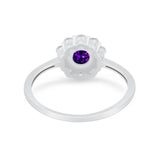 Halo Floral Wedding Ring Round Simulated Amethyst CZ 925 Sterling Silver