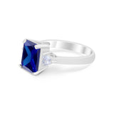 Three Stone Wedding Ring Emerald Cut Simulated Blue Sapphire CZ 925 Sterling Silver