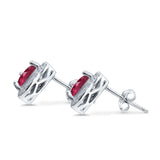 Halo Stud Earrings Simulated Ruby CZ Round 925 Sterling Silver(8mm)