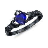 Irish Claddagh Heart Promise Ring Black Tone, Simulated Blue Sapphire CZ 925 Sterling Silver