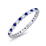 Stackable Band Wedding Ring Round Full Eternity Lab White Opal & Simulated Blue Sapphire CZ 925 Sterling Silver