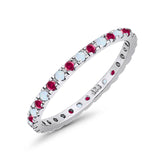 Stackable Band Wedding Ring Round Full Eternity Lab White Opal & Simulated Ruby CZ 925 Sterling Silver