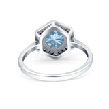 Art Deco Hexagon Shape Wedding Bridal Ring Round Simulated Aquamarine CZ 925 Sterling Silver