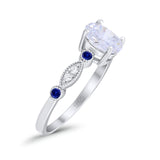 Vintage Style Oval Bridal Wedding Ring Round Blue Sapphire Simulated Cubic Zirconia 925 Sterling Silver