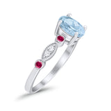 Vintage Style Oval Bridal Wedding Engagement Ring Round Ruby Simulated Aquamarine CZ 925 Sterling Silver