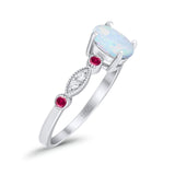 Vintage Style Oval Bridal Wedding Ring Round Ruby Lab Created White Opal 925 Sterling Silver