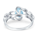 Art Deco Leaves Pear Vintage Style Bridal Wedding Engagement Ring Round Simulated Aquamarine CZ 925 Sterling Silver