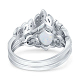 Two Piece Vintage Style Wedding Bridal Set Ring Band Oval Lab Created White Opal 925 Sterling Silver
