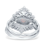 Art Deco Three Piece Wedding Bridal Set Ring Round Lab Created White Opal 925 Sterling Silver