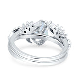 Art Deco Teardrop Pear Leaf Design Wedding Two Piece Ring Lab Created White Opal 925 Sterling Silver