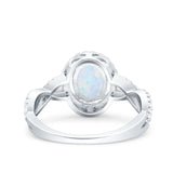 Halo Infinity Shank Ring Oval Lab Created White Opal 925 Sterling Silver