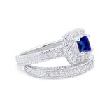 Two Piece Vintage Style Wedding Ring Simulated Blue Sapphire CZ 925 Sterling Silver