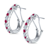 Half Eternity Huggie Hoop Earrings Round Simulated Ruby CZ 925 Sterling Silver (18mm)