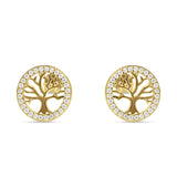 Tree Of Life Stud Earrings Cubic Zirconia Yellow Tone 925 Sterling Silver Wholesale