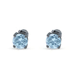Solitaire Stud Earring Brilliant Round Simulated Aquamarine Black Tone 925 Sterling Silver