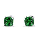 Solitaire Screw Back Stud Earring Excellent Cushion Cut Simulated Green Emerald CZ Solid 925 Sterling Silver