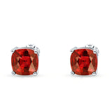 Solitaire Screw Back Stud Earring Excellent Cushion Cut Simulated Garnet CZ Solid 925 Sterling Silver