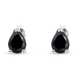 Art Deco Pear Shape Solitaire Push Back Stud Earring Excellent Simulated Black CZ 925 Sterling Silver