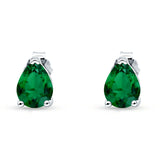 Art Deco Pear Shape Solitaire Push Back Stud Earring Excellent Simulated Green Emerald CZ 925 Sterling Silver