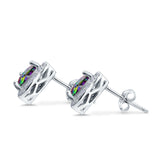 Halo Stud Earrings Simulated Rainbow CZ Round 925 Sterling Silver(8mm)