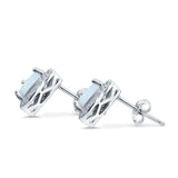 Halo Stud Earrings Lab Created White Opal Round Simulated CZ 925 Sterling Silver(8mm)