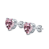 Heart Stud Earrings Simulated Pink CZ 925 Sterling Silver (4mm-8mm)
