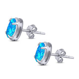 Art Deco Oval Stud Earring Created Blue Opal Solid 925 Sterling Silver (8mm)