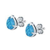 Solitaire Teardrop Pear Stud Earrings Lab Created Blue Opal 925 Sterling Silver