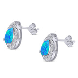 Halo Teardrop Pear Stud Earring Lab Created Blue Opal Solid 925 Sterling Silver (13mm)