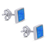 Princess Stud Earring Lab Created Blue Opal Solid 925 Sterling Silver (8mm)