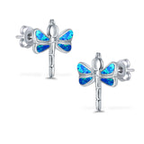 Dragonfly Stud Earring Lab Created Blue Opal Simulated CZ 925 Sterling Silver (16mm)