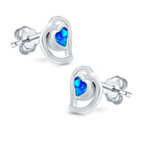 Heart Stud Earrings Lab Created Blue Opal 925 Sterling Silver (11mm)