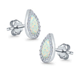 Halo Pear Stud Earrings Lab Created White Opal Simulated CZ 925 Sterling Silver (11mm)