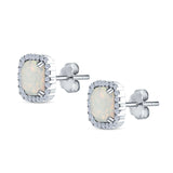 Halo Cushion Lab Created White Opal Round CZ Stud Earrings 925 Sterling Silver (11mm)