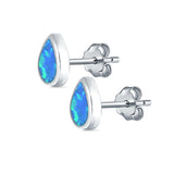 Teardrop Bezel Solitaire Pear Stud Earrings Lab Created Blue Opal 925 Sterling Silver (7mm)